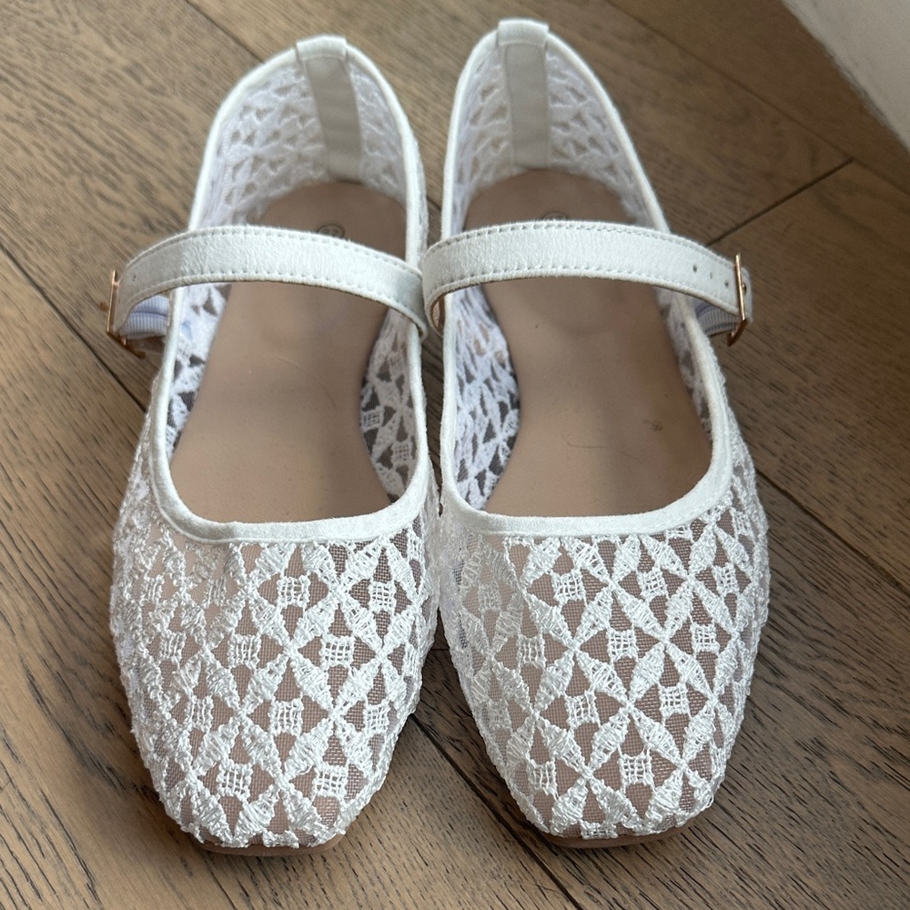 White Mesh Lace Mary Jane Flats